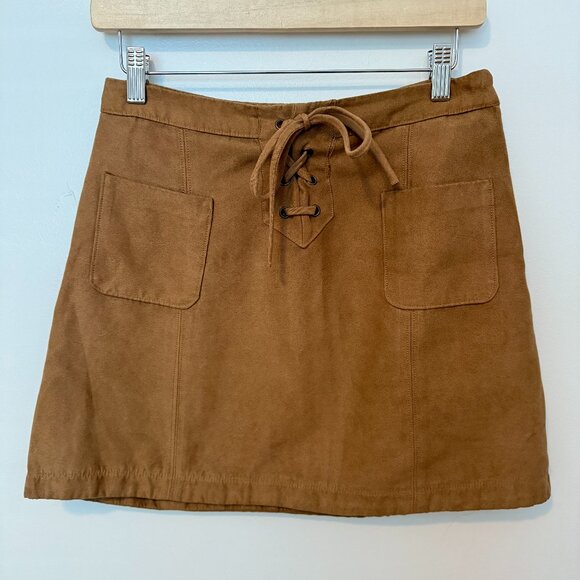 Hollister Tan Faux Suede Lace Up A-Line Mini Skirt - Picture 1 of 3